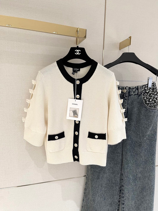 Bow-tie openwork cashmere cardigan with short sleeves