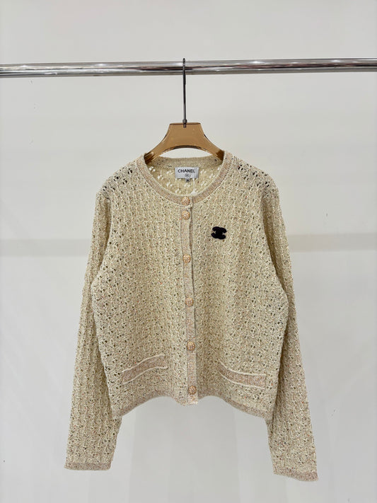 Jacquard openwork sequined heavy-duty knit cardigan