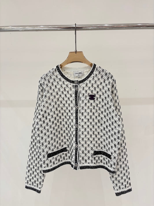 Jacquard openwork sequined heavy-duty knit cardigan