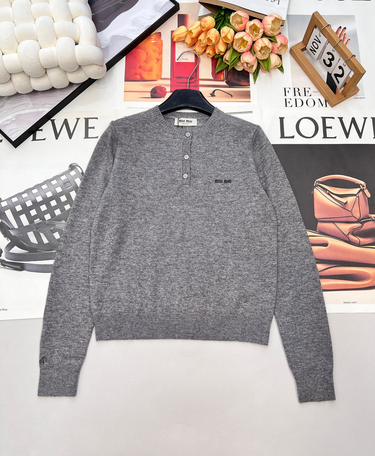 Three-Button Crew Neck Wool Knit Sweater
