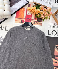 Three-Button Crew Neck Wool Knit Sweater