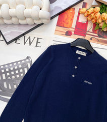 Three-Button Crew Neck Wool Knit Sweater