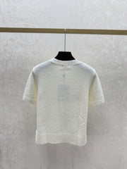 Color-blocked lettered crew neck knit short-sleeved top