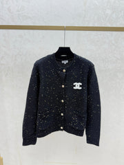Color-blocked cardigan with gold and silver thread
