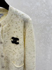 Color-blocked cardigan with gold and silver thread