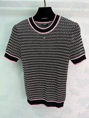 Color-blocked striped knit short-sleeved top