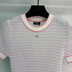 Color-blocked striped knit short-sleeved top