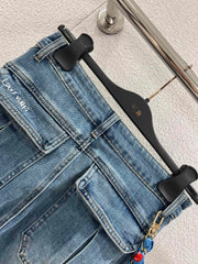 Jeans with a silk scarf chain embellishment