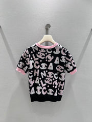 Black and Pink Color-Blocked Knit Short-Sleeve T-Shirt