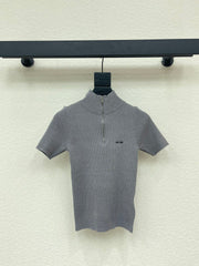Half-zip stand-up collar knit short-sleeved top