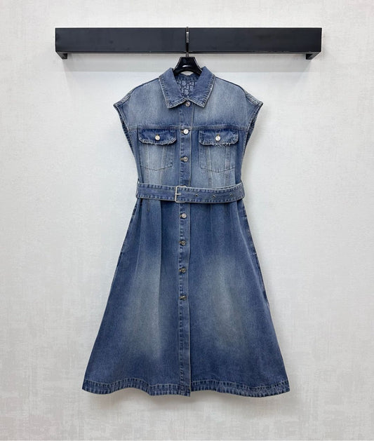 Collared Denim Dress with Belt