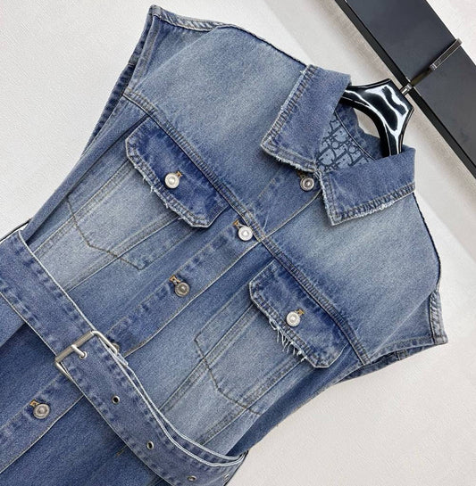 Collared Denim Dress with Belt