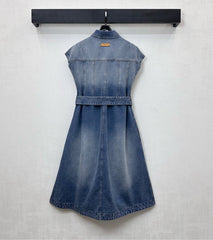 Collared Denim Dress with Belt