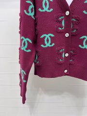 V-neck long-sleeved knit cardigan