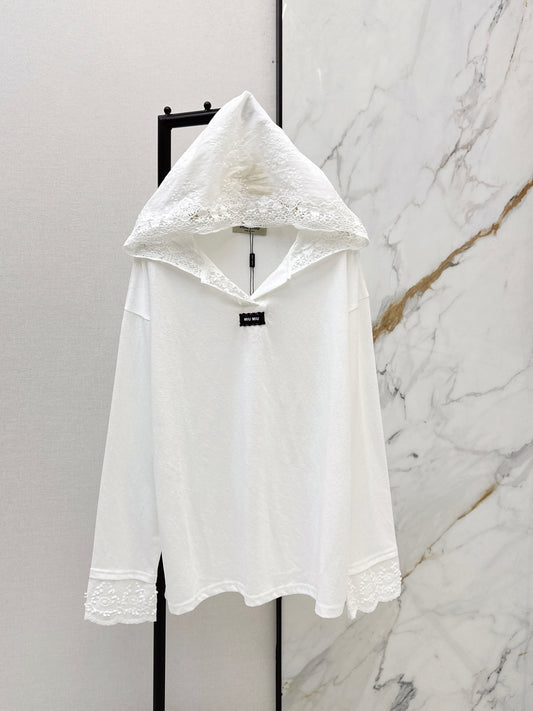 Lace V-neck Hooded Long-Sleeve T-Shirt