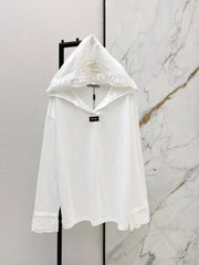 Lace V-neck Hooded Long-Sleeve T-Shirt