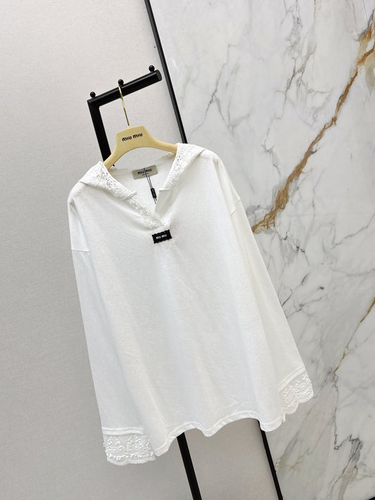 Lace V-neck Hooded Long-Sleeve T-Shirt