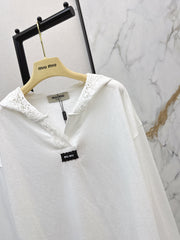 Lace V-neck Hooded Long-Sleeve T-Shirt