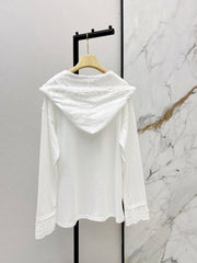 Lace V-neck Hooded Long-Sleeve T-Shirt