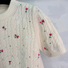 Rose Embroidered Knit Short-Sleeve