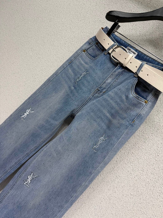 Rhinestone Embroidery Stretch Jeans