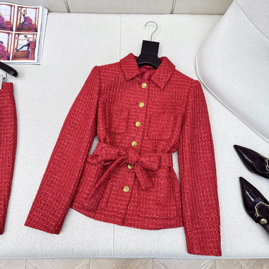 Elegant Tweed Belt-Waist Coat