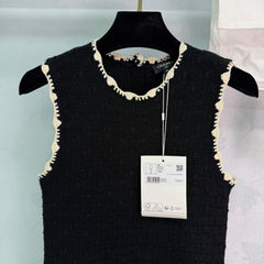 Color-blocked woven round neck knit vest dress
