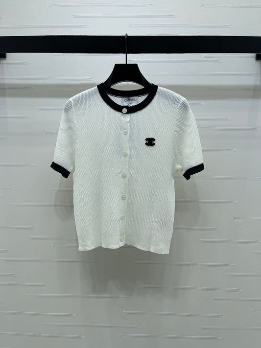 Color-blocked Crew Neck Knit Short-Sleeve Cardigan