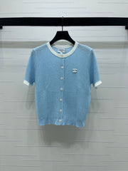 Color-blocked Crew Neck Knit Short-Sleeve Cardigan