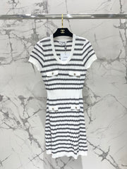 Striped, fitted, waist-cinching short pencil skirt