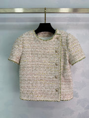 A light beige tweed blend short-sleeved jacket