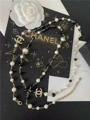 Black and white pearl letter chain sweater necklace