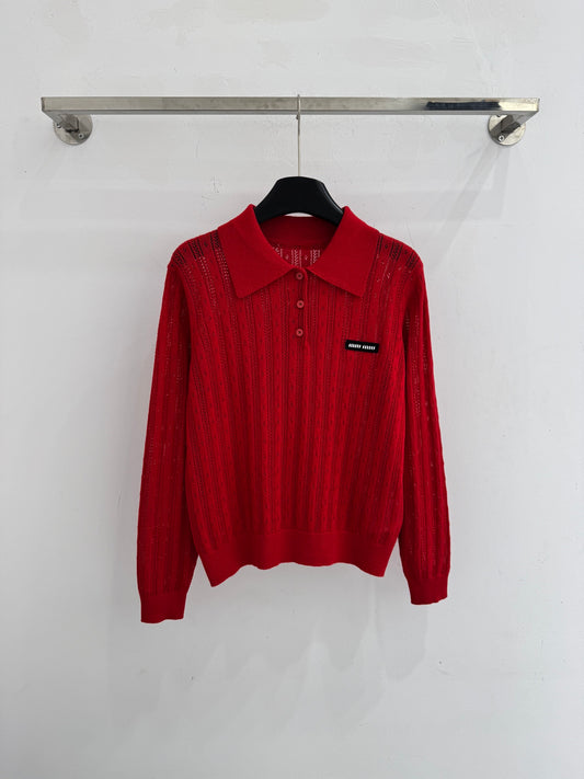 Polo collar knitted openwork long-sleeved top