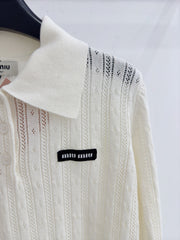 Polo collar knitted openwork long-sleeved top