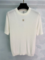 Vertical striped knit short-sleeved top