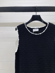 Color-blocked woven round neck knit vest dress