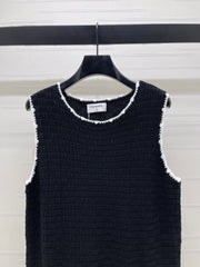 Color-blocked woven round neck knit vest dress