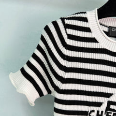 Black and white striped knit short-sleeved top