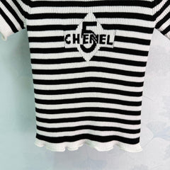 Black and white striped knit short-sleeved top
