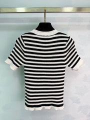 Black and white striped knit short-sleeved top