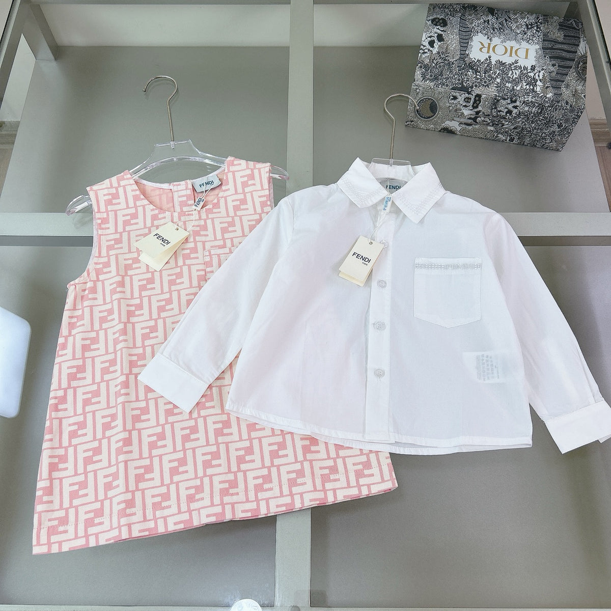 Embroidered logo shirt + premium pink jacquard denim dress