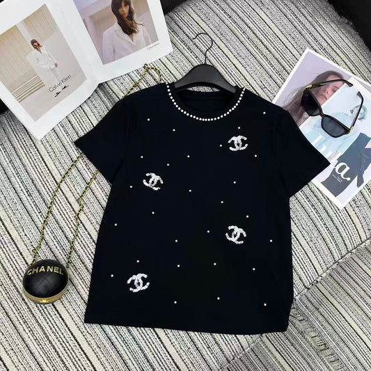 Sequined Beaded Short-Sleeve Crew Neck T-Shirt