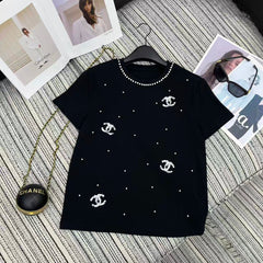 Sequined Beaded Short-Sleeve Crew Neck T-Shirt