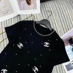 Sequined Beaded Short-Sleeve Crew Neck T-Shirt