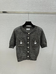 Sequined openwork short-sleeved cardigan