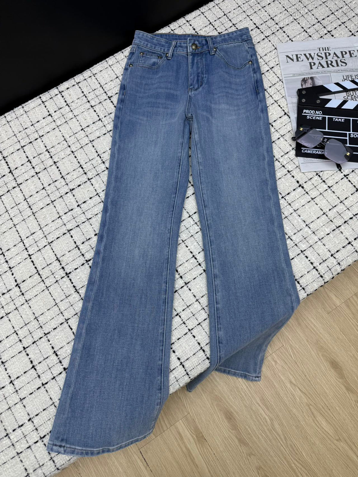 Embroidered mesh flared pants with back pockets