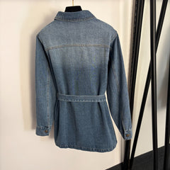 Multi-pocket, drawstring, fitted waist, lapel, long-sleeved denim jacket