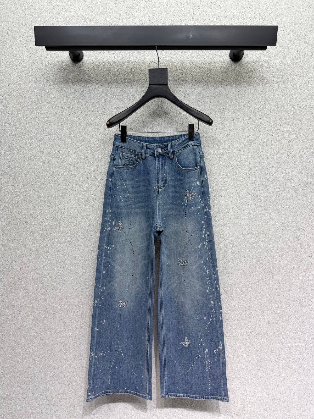 Sequined butterfly rhinestone straight-leg wide-leg jeans