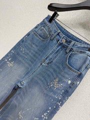 Sequined butterfly rhinestone straight-leg wide-leg jeans