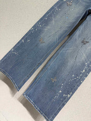 Sequined butterfly rhinestone straight-leg wide-leg jeans